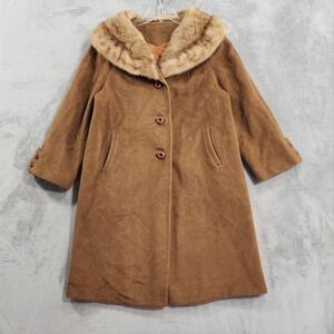 Vintage 60s Betty Rose Coat Womens L Brown‎ Wool Fur Collar Overcoat Swing Mod